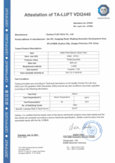 FLEU-TA LUFT VDI 2440-Bellows globe valves